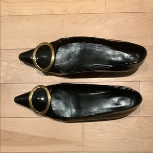 Prada  Black pattern leather flats with good buckle with Logo with box